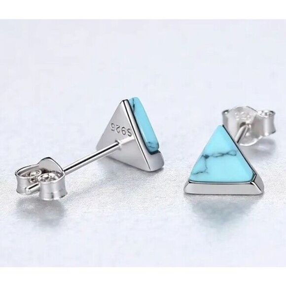 925 Sterling Silver Turquoise Triangle Stud Earrings Modern Minimalist - Picture 3 of 6